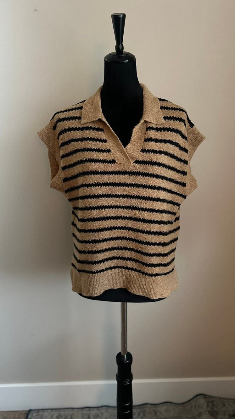 PROMESA Tan Black Striped Collared V Neck Knit Sweater Size M